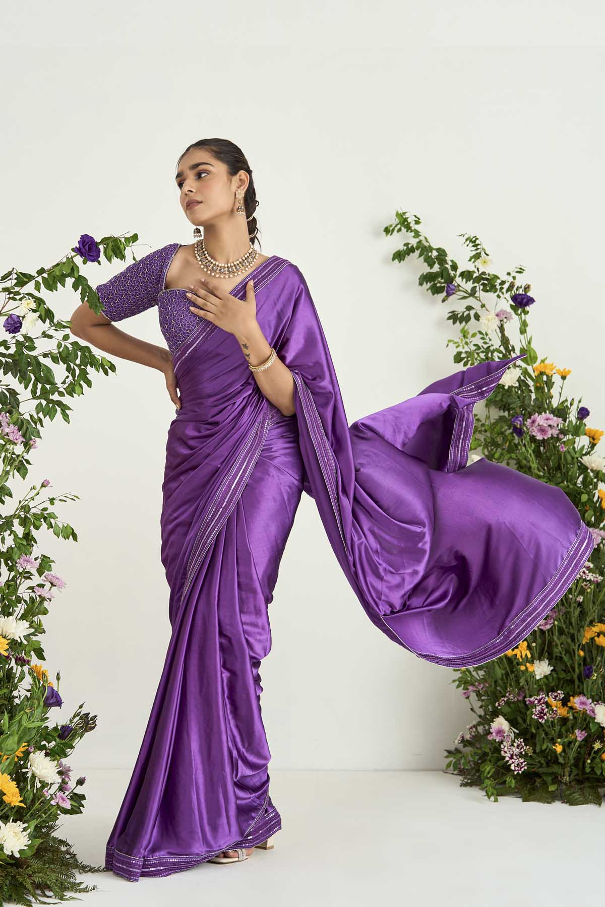 Purple Satin Embroidered Saree Set