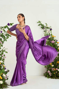 Purple Satin Embroidered Saree Set