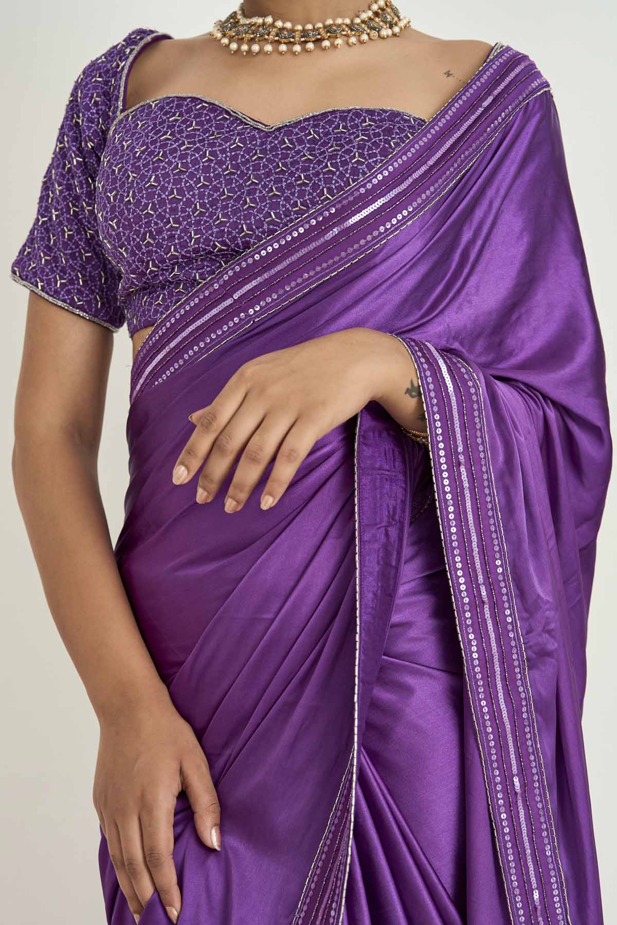 Purple Satin Embroidered Saree Set