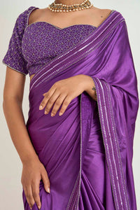 Purple Satin Embroidered Saree Set