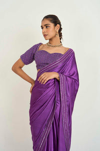 Purple Satin Embroidered Saree Set