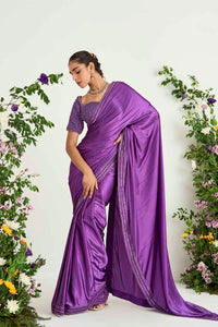 Purple Satin Embroidered Saree Set