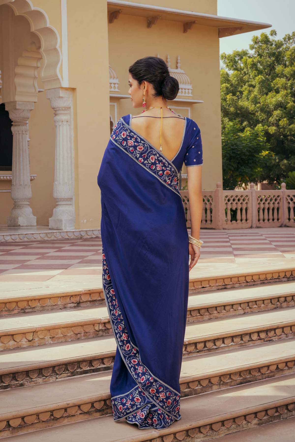 Blue Pure Silk Hand Embroidered Saree Set