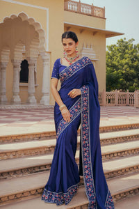 Blue Pure Silk Hand Embroidered Saree Set