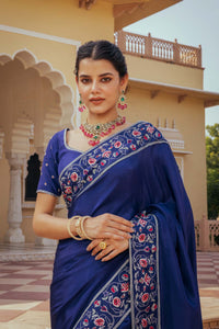 Blue Pure Silk Hand Embroidered Saree Set