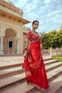 Red Georgette Hand Embroidered Saree Set