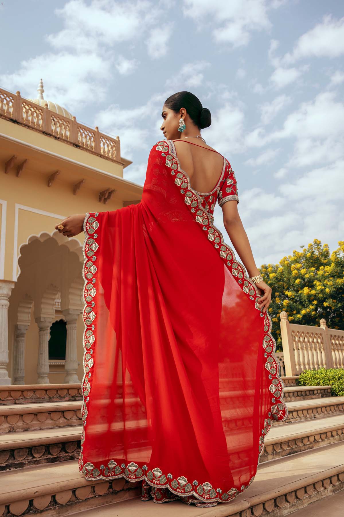 Red Georgette Hand Embroidered Saree Set