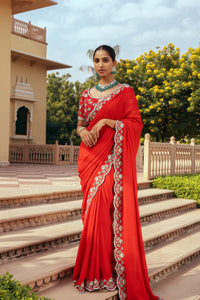 Red Georgette Hand Embroidered Saree Set