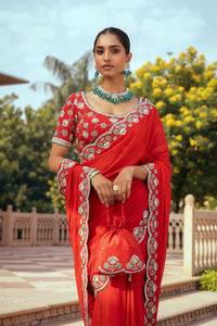 Red Georgette Hand Embroidered Saree Set