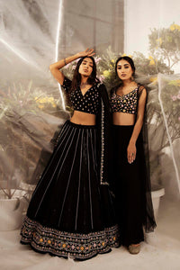 Black Silk Chanderi Embroidered Lehenga Set