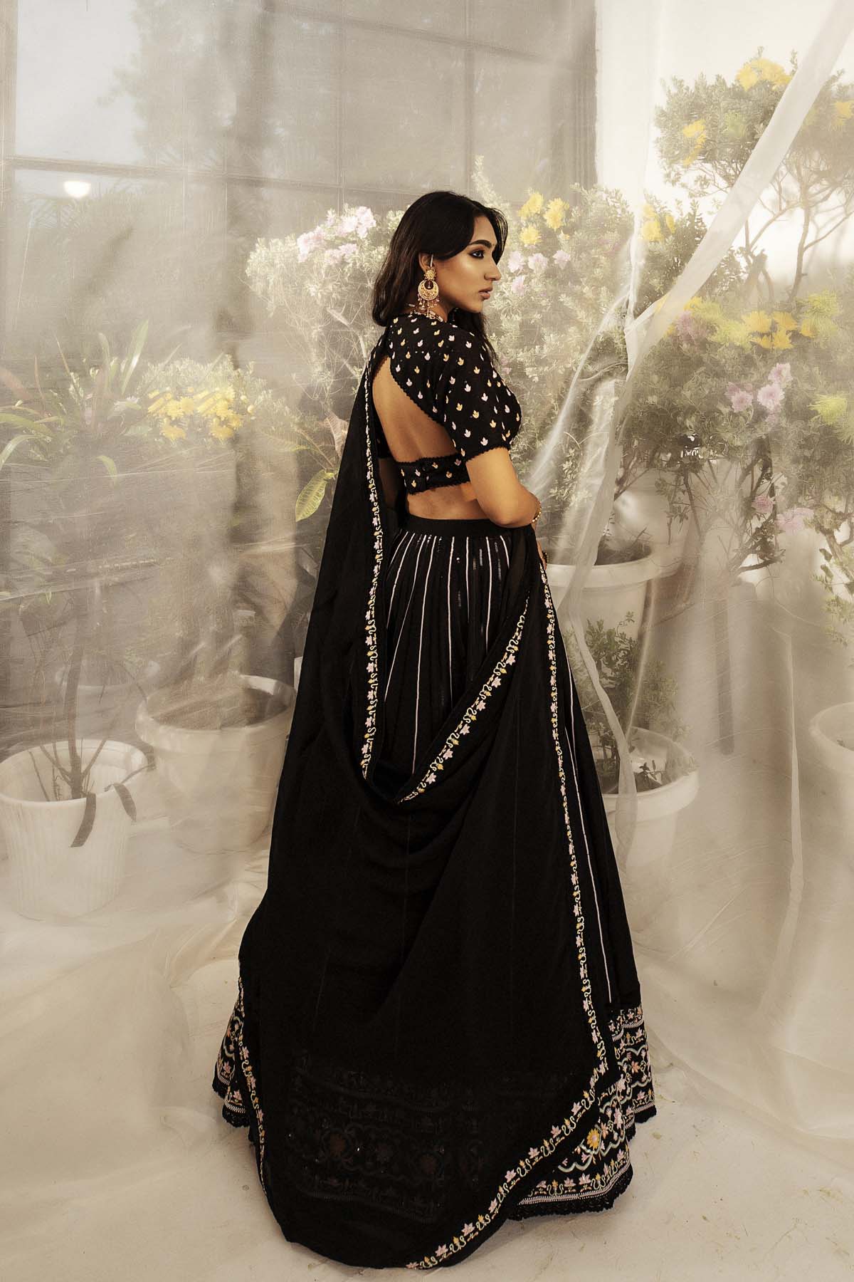 Black Silk Chanderi Embroidered Lehenga Set