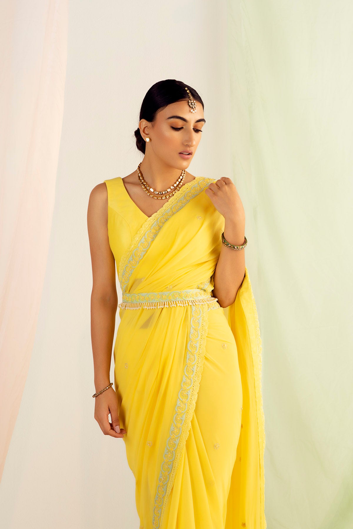 Yellow Georgette Embellished Saree Set