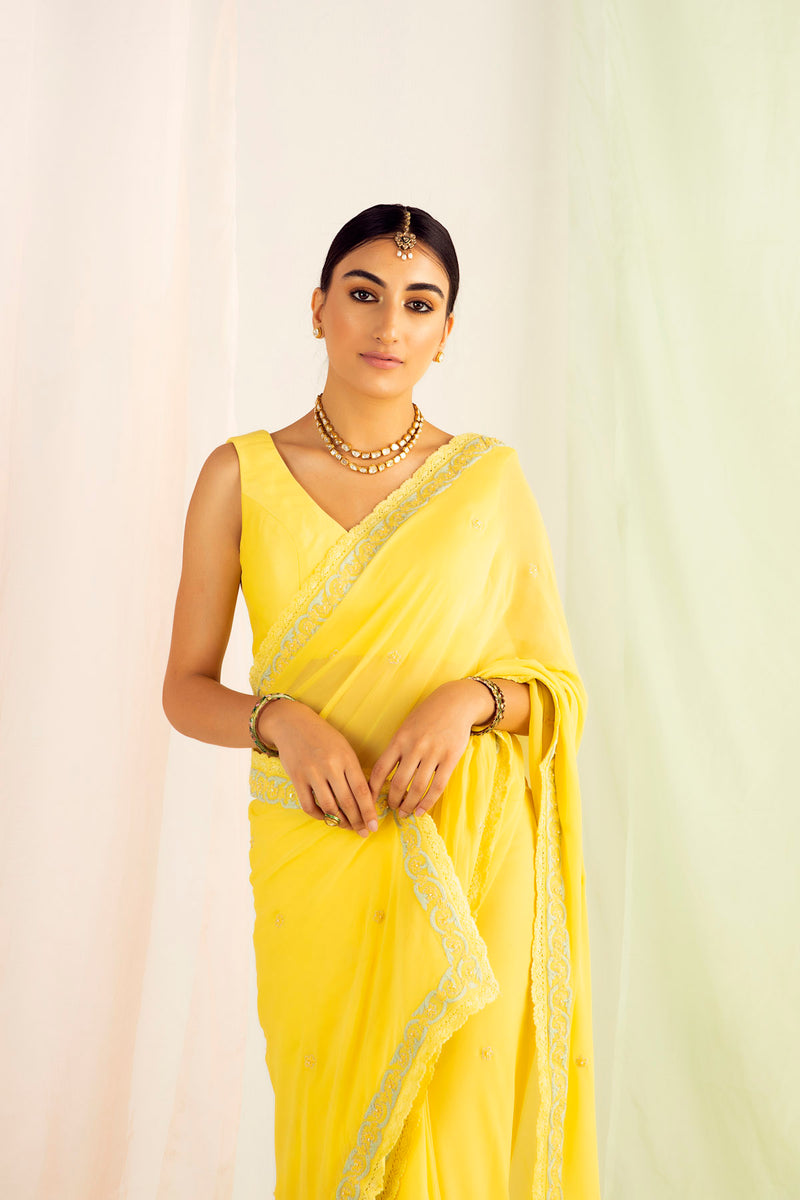 Yellow Georgette Embellished Saree Set