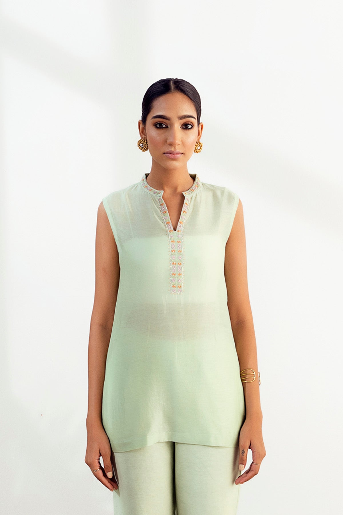 Mint Green Silk Chanderi Embroidered Tunic