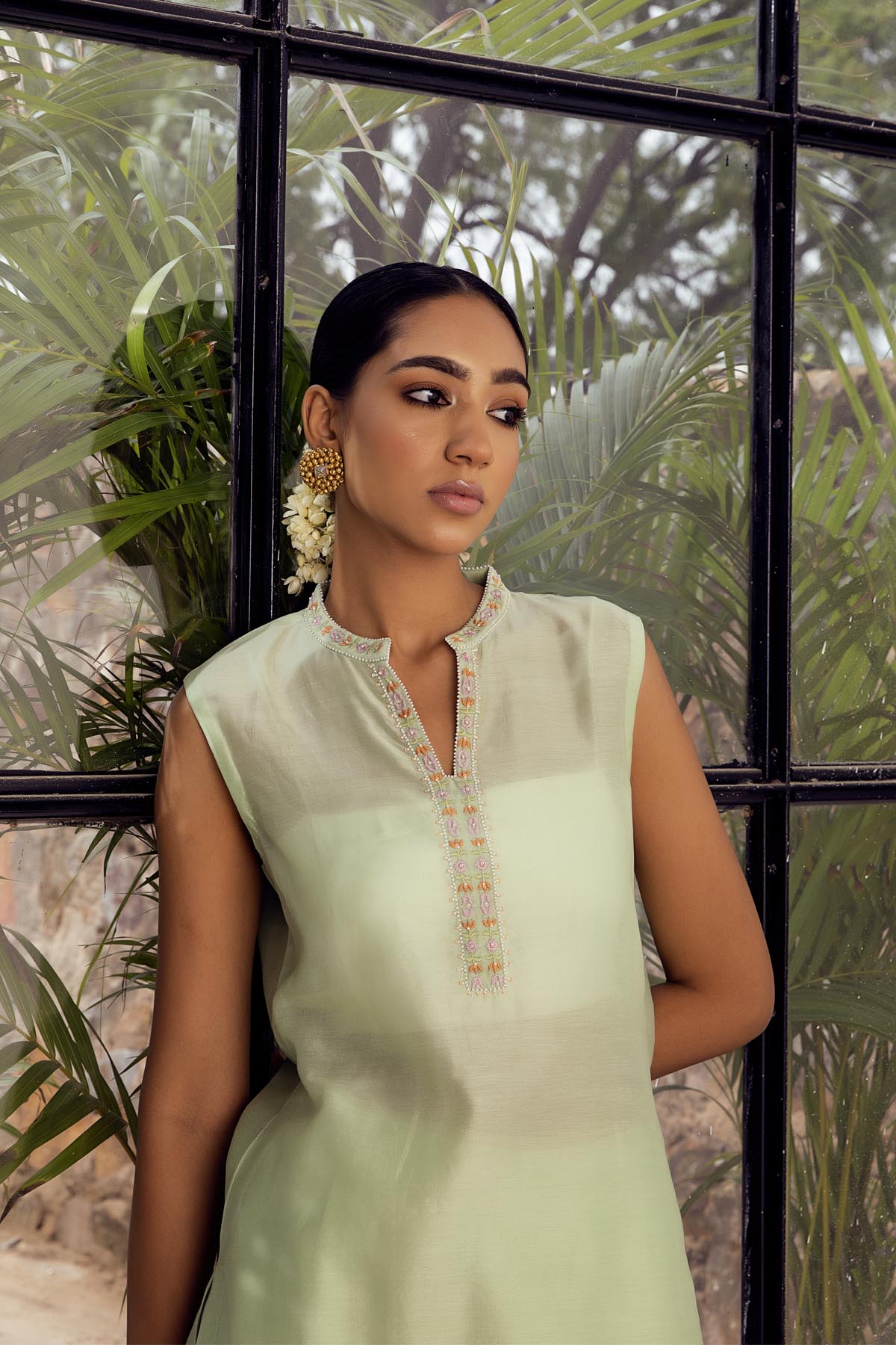 Mint Green Silk Chanderi Embroidered Tunic