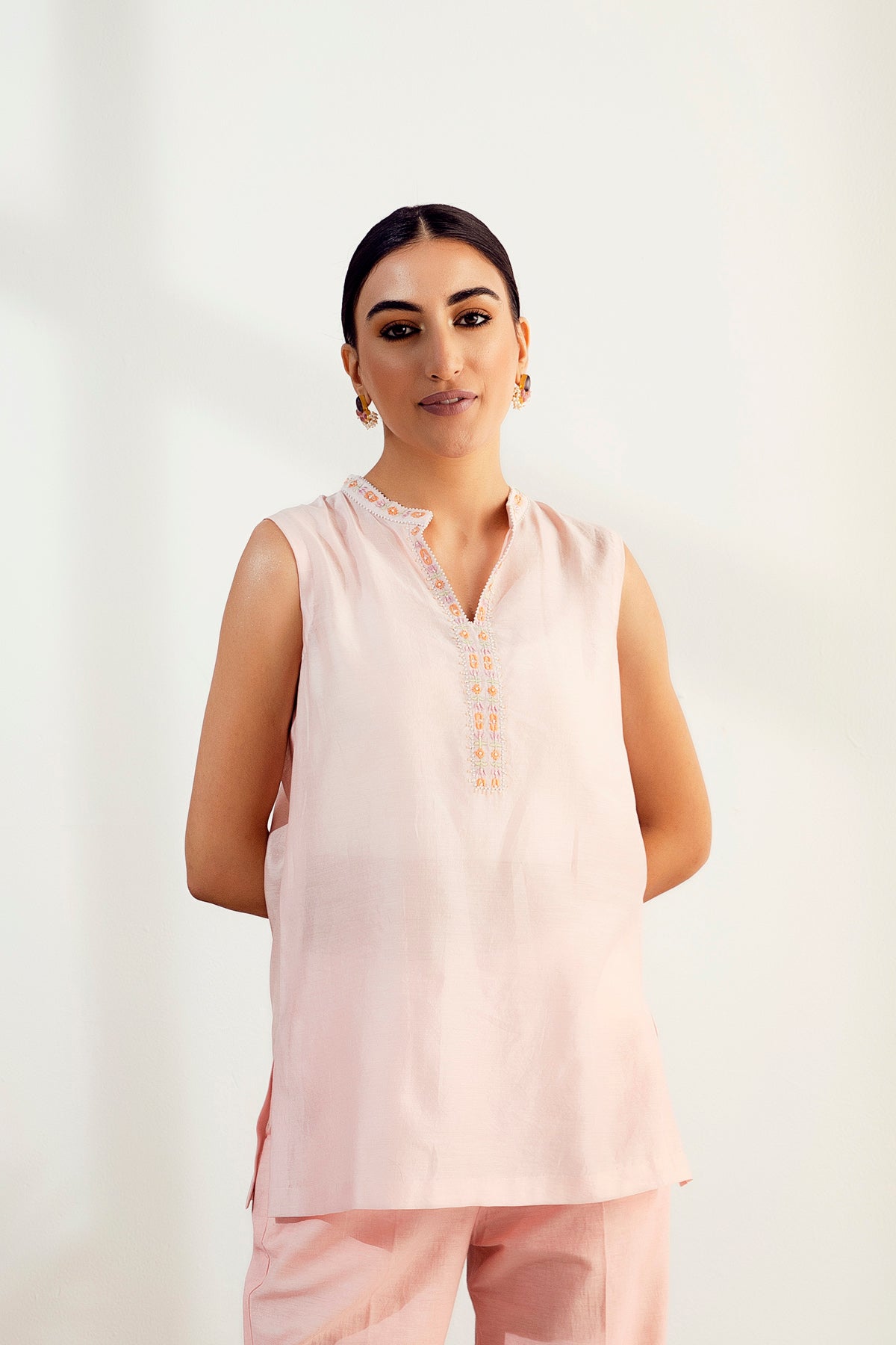 Pink Silk Chanderi Embroidered Tunic