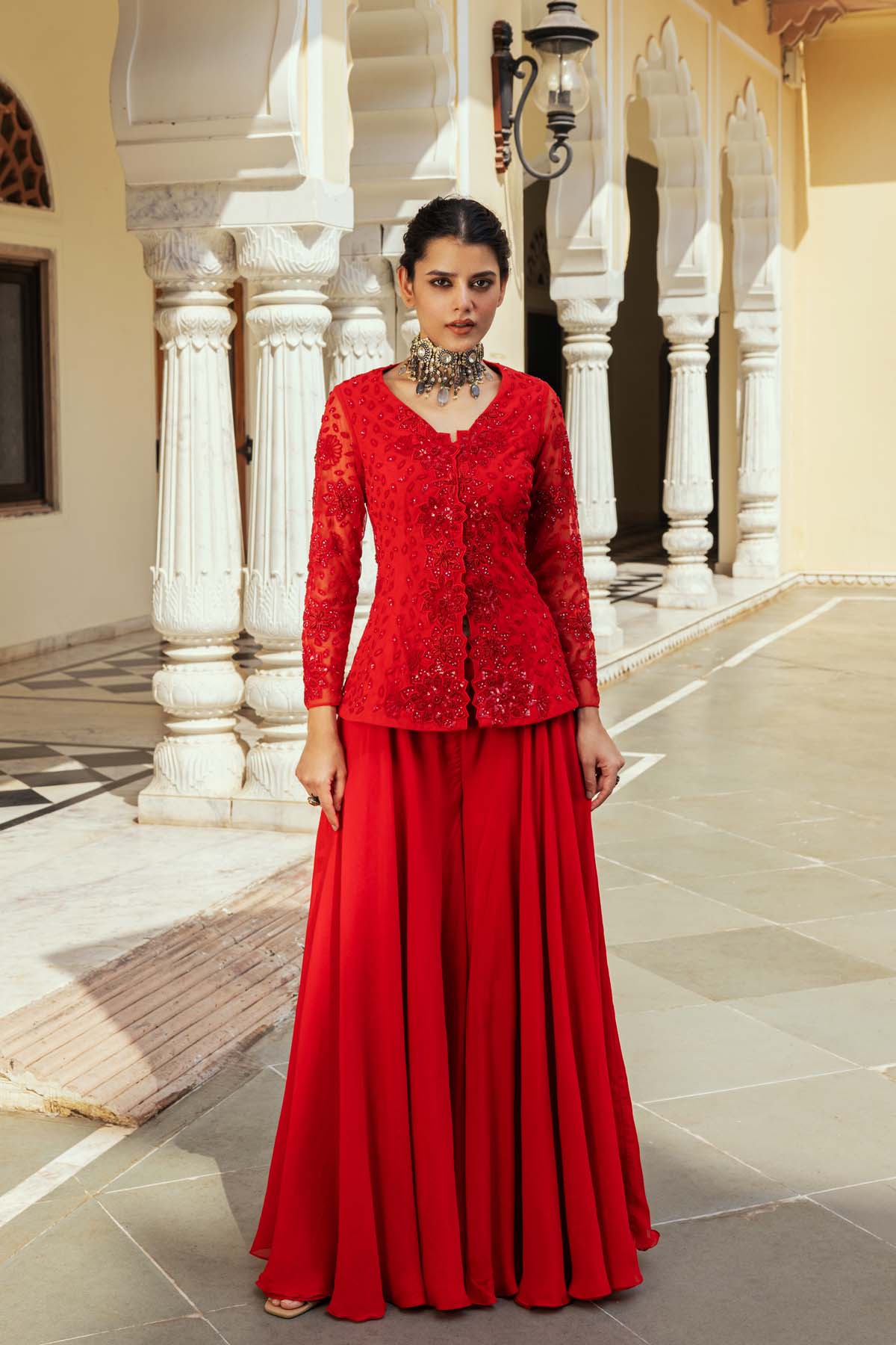 Red Organza Flared Sharara Set