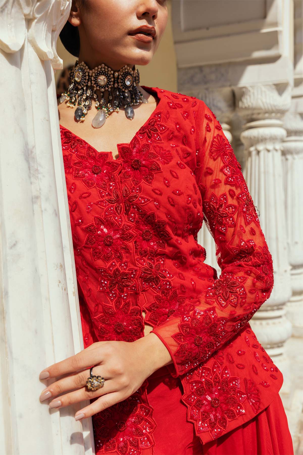 Red Organza Flared Sharara Set