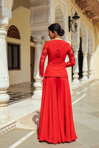 Red Organza Flared Sharara Set