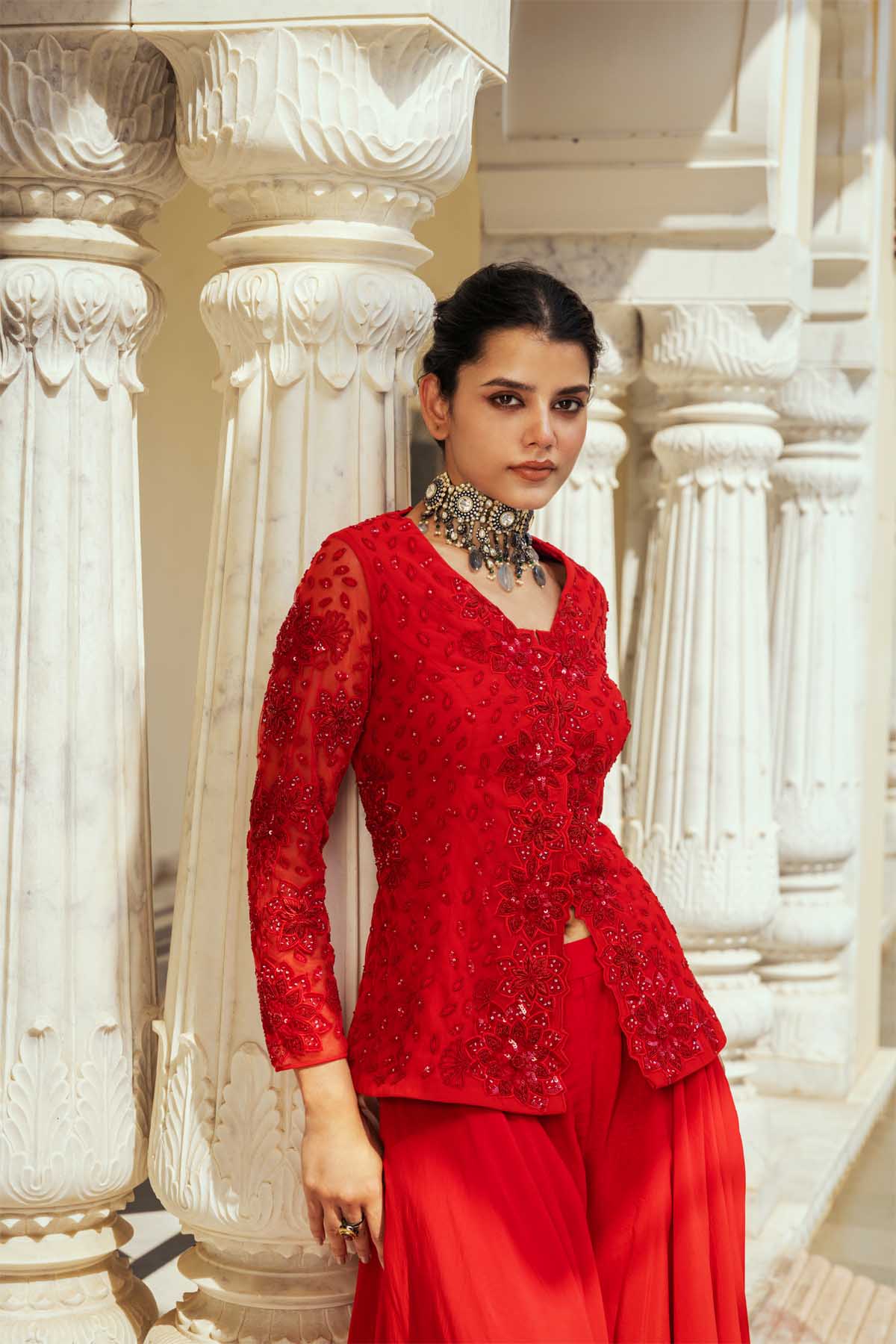 Red Organza Flared Sharara Set