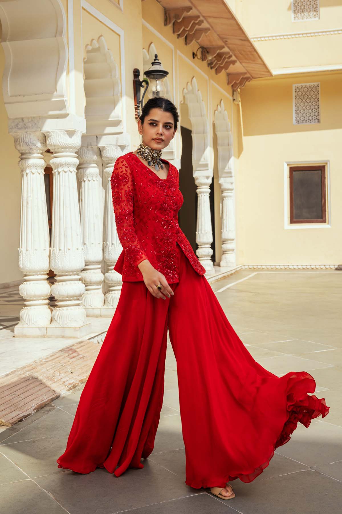 Red Organza Flared Sharara Set