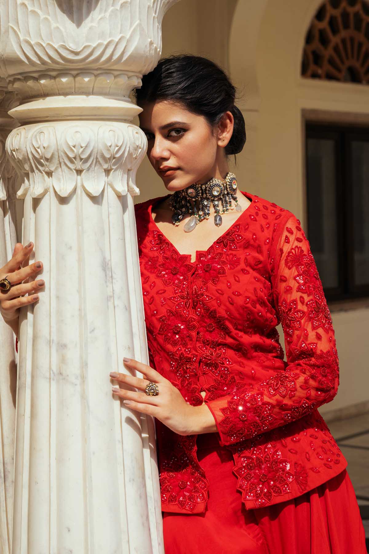 Red Organza Flared Sharara Set