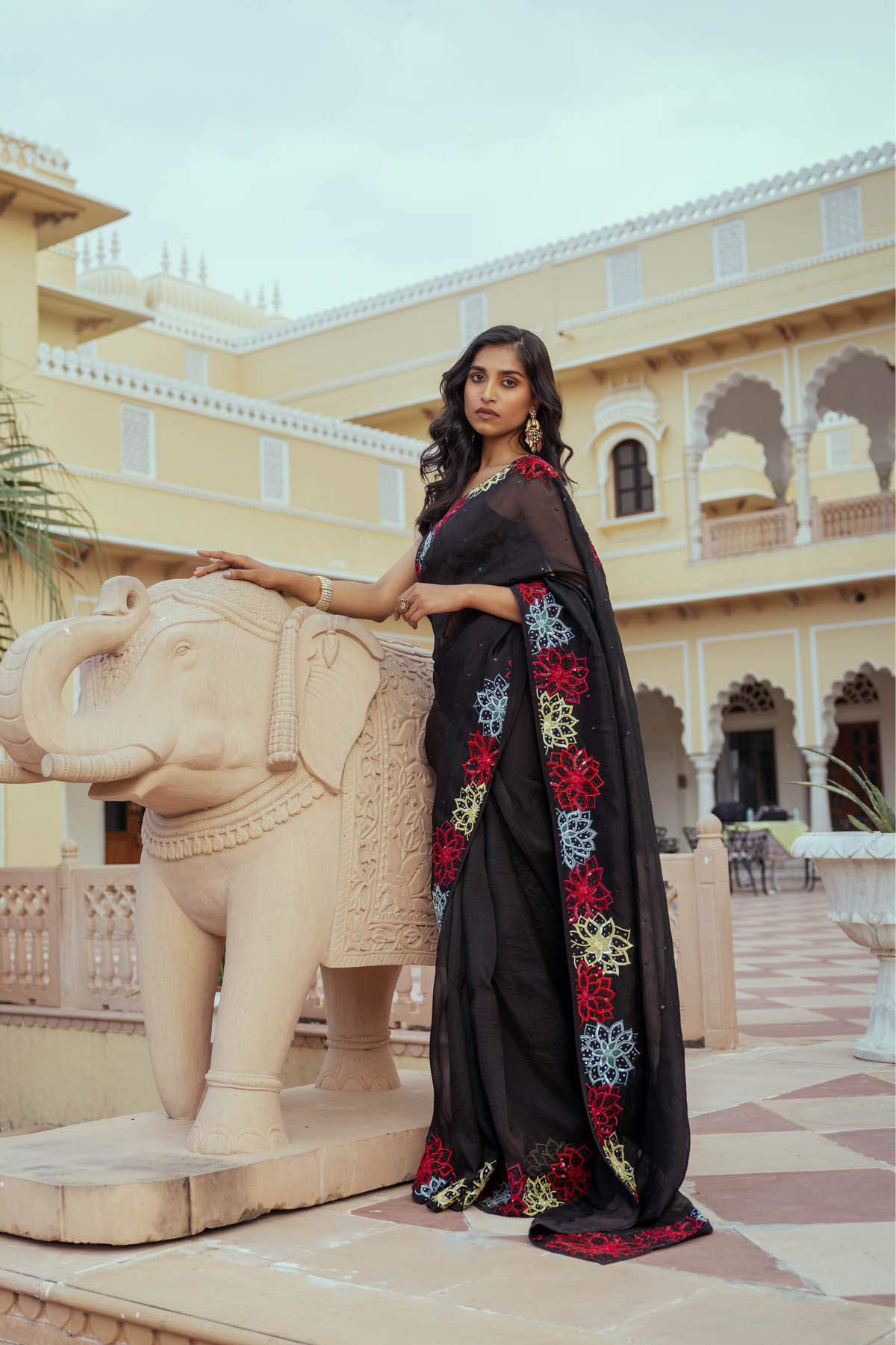 Black Silk Organza Patchwork Embroidered Saree Set