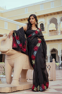 Black Silk Organza Patchwork Embroidered Saree Set