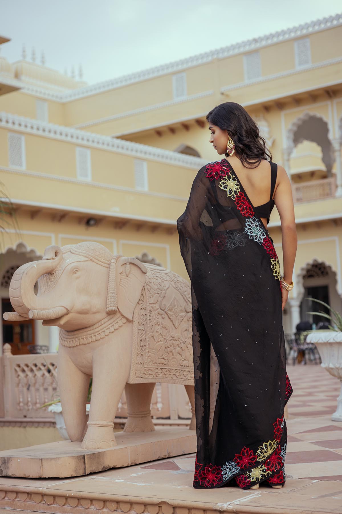 Black Silk Organza Patchwork Embroidered Saree Set