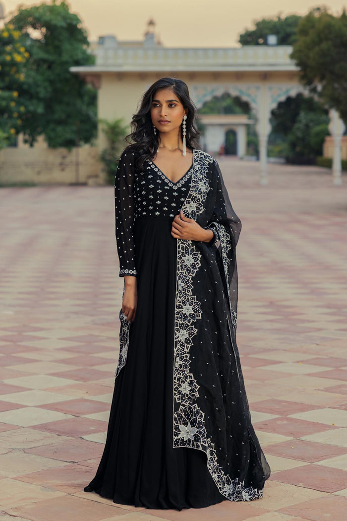 Black Georgette Embroidered Anarkali Set