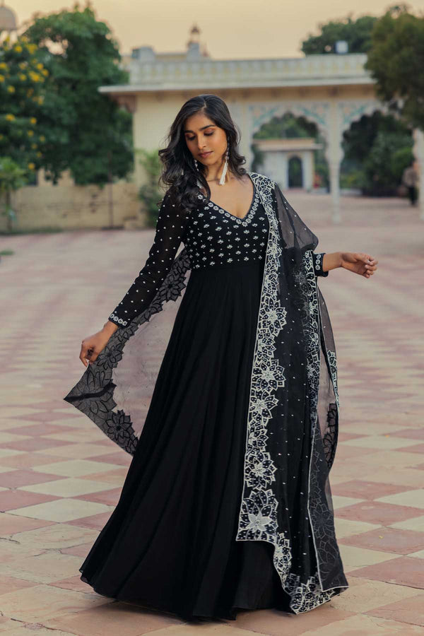 Black Georgette Embroidered Anarkali Set