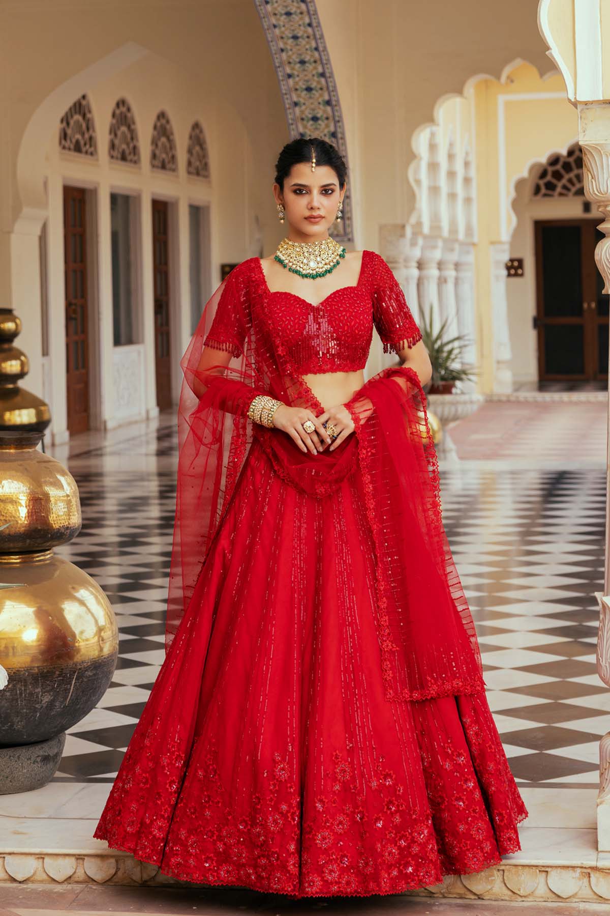 Red Net Floral Embellished Lehenga Set