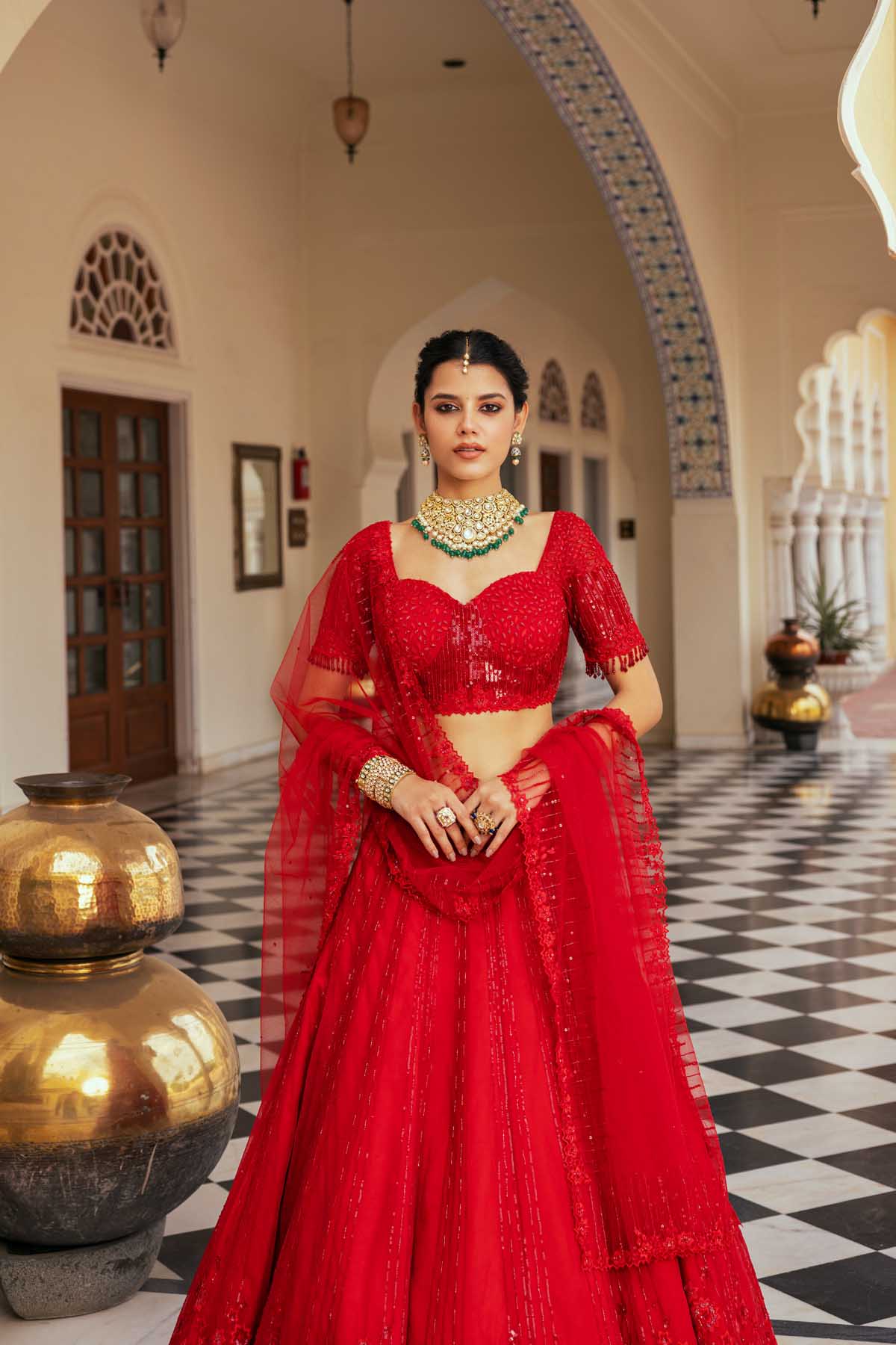 Red Net Floral Embellished Lehenga Set