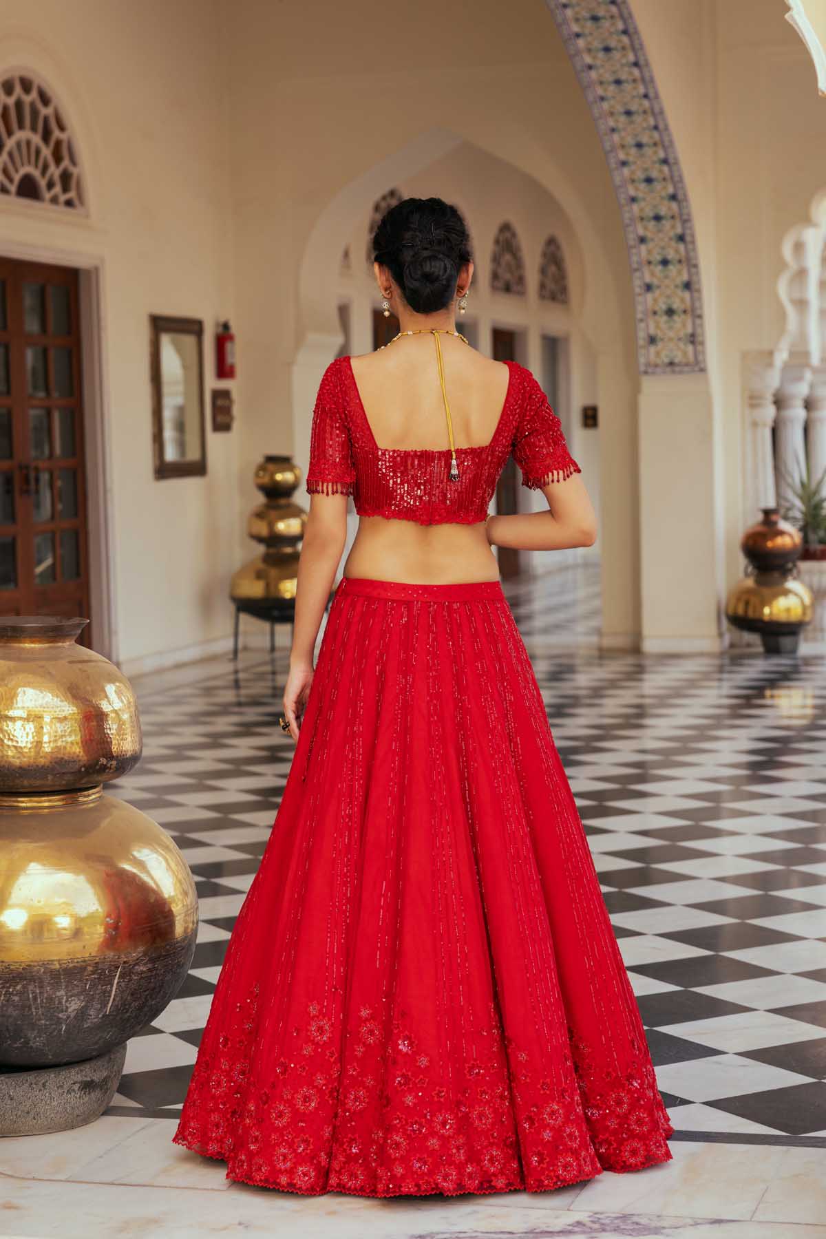 Red Net Floral Embellished Lehenga Set