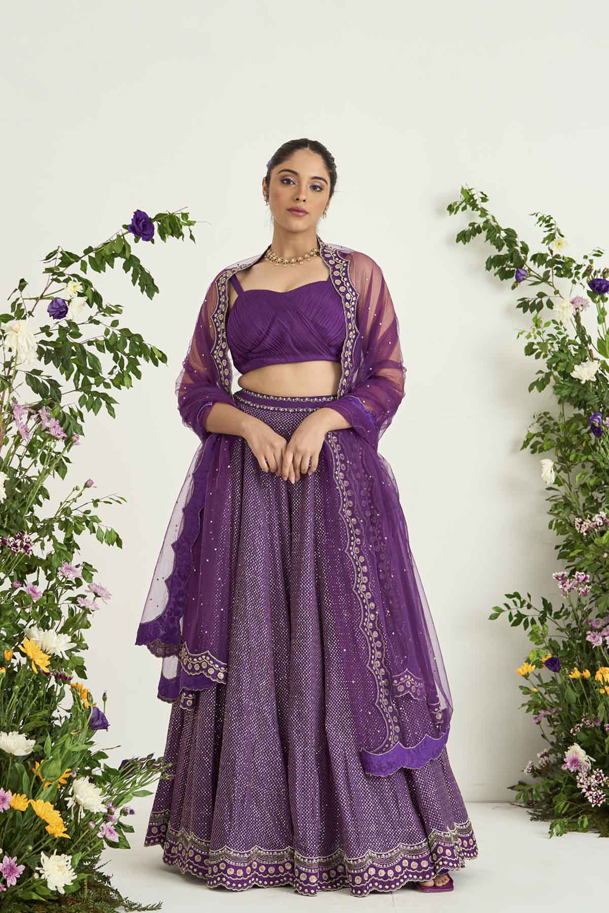 Purple Wrinkle Crepe and Raw Silk Embellished Lehenga Set