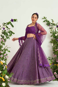 Purple Wrinkle Crepe and Raw Silk Embellished Lehenga Set