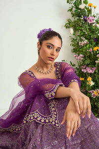 Purple Wrinkle Crepe and Raw Silk Embellished Lehenga Set