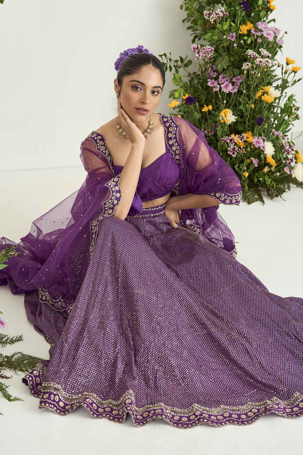 Purple Wrinkle Crepe and Raw Silk Embellished Lehenga Set