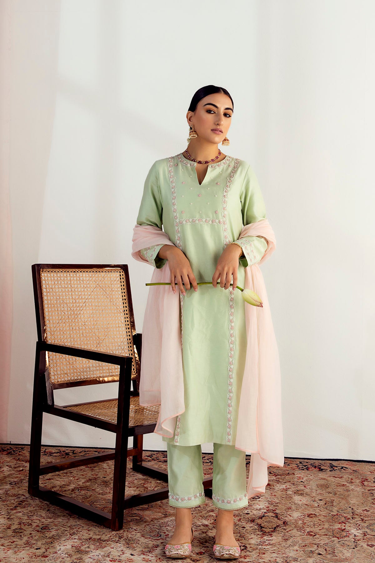 Green and Pink Kurta Set in Silk Chanderi