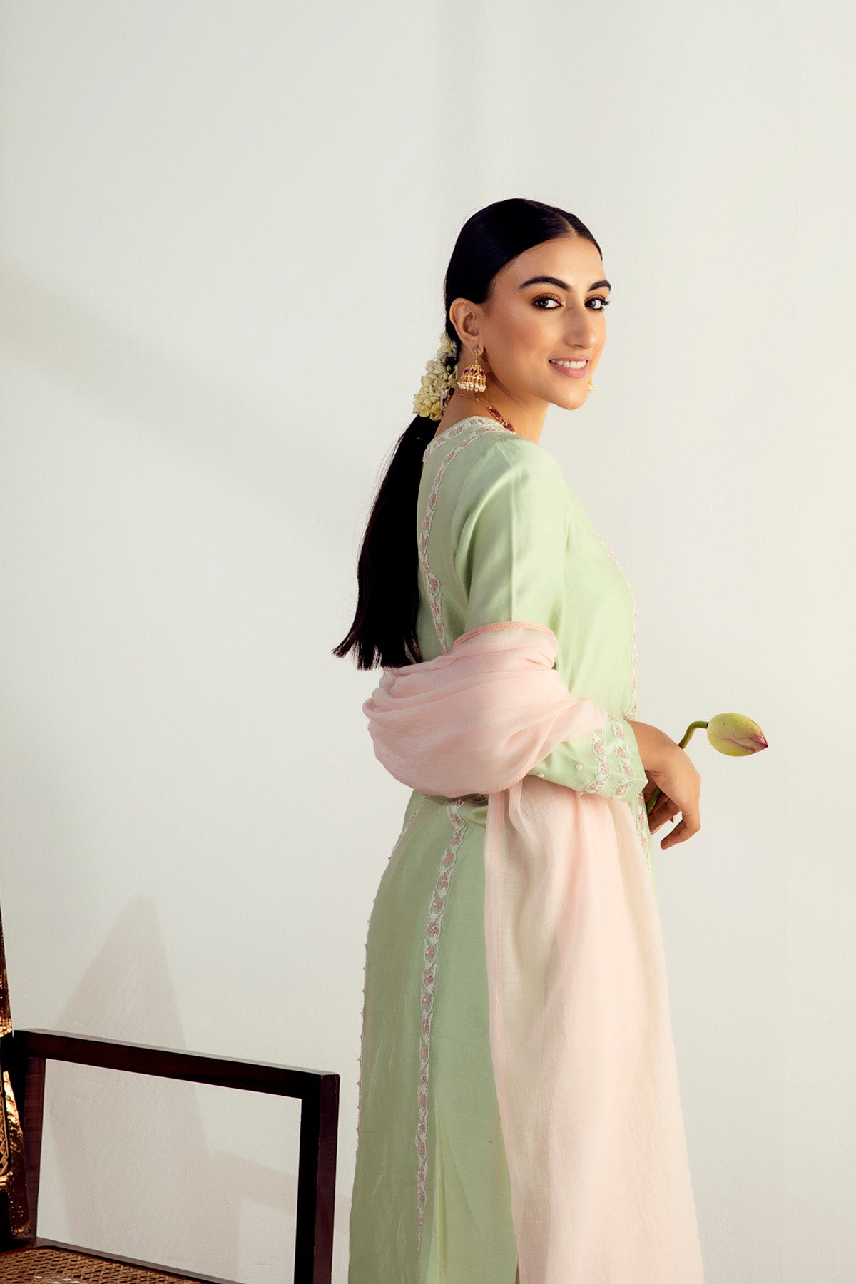 Green and Pink Kurta Set in Silk Chanderi