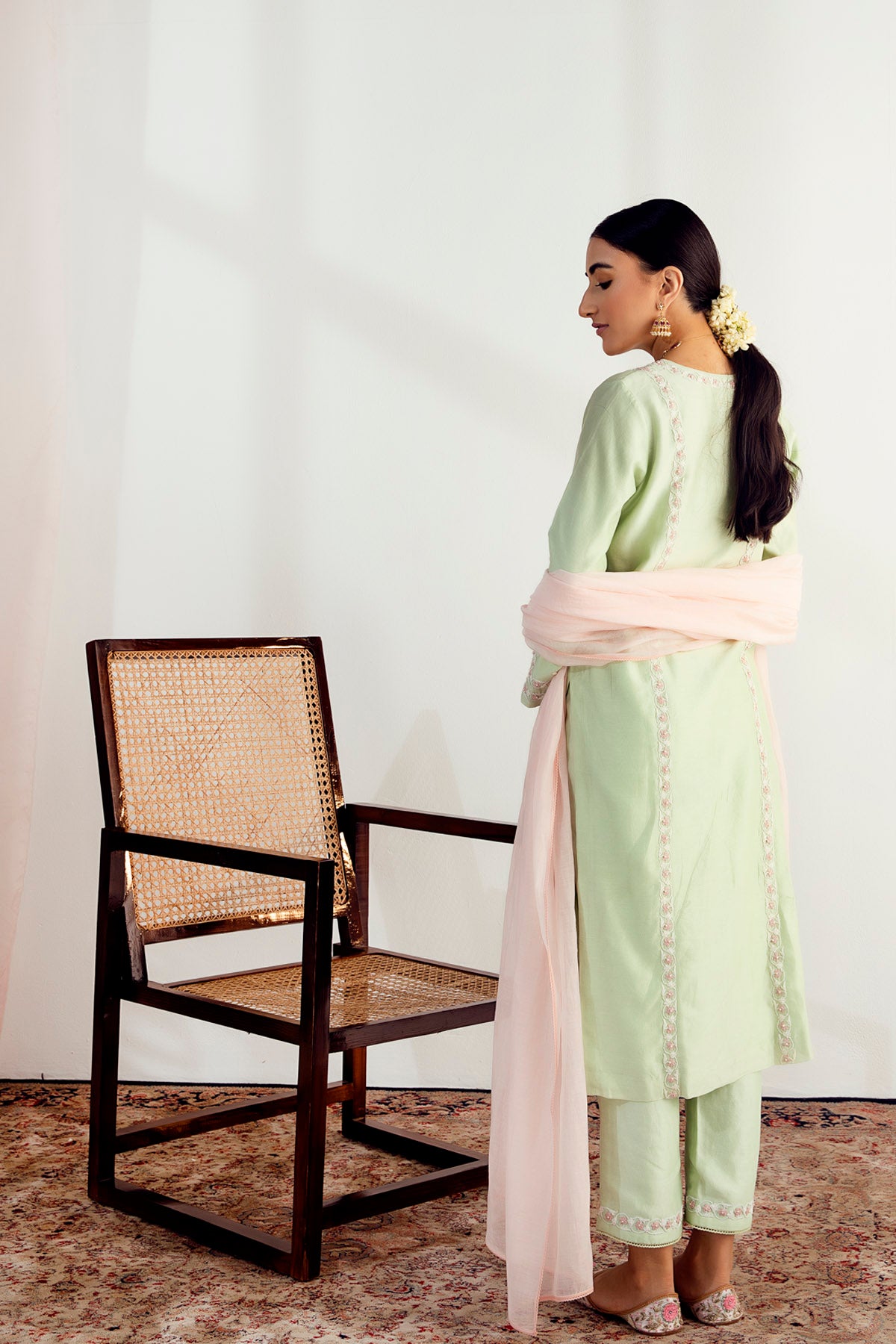 Green and Pink Kurta Set in Silk Chanderi