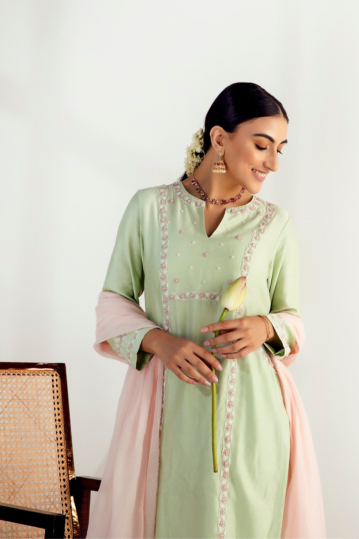 Green and Pink Kurta Set in Silk Chanderi