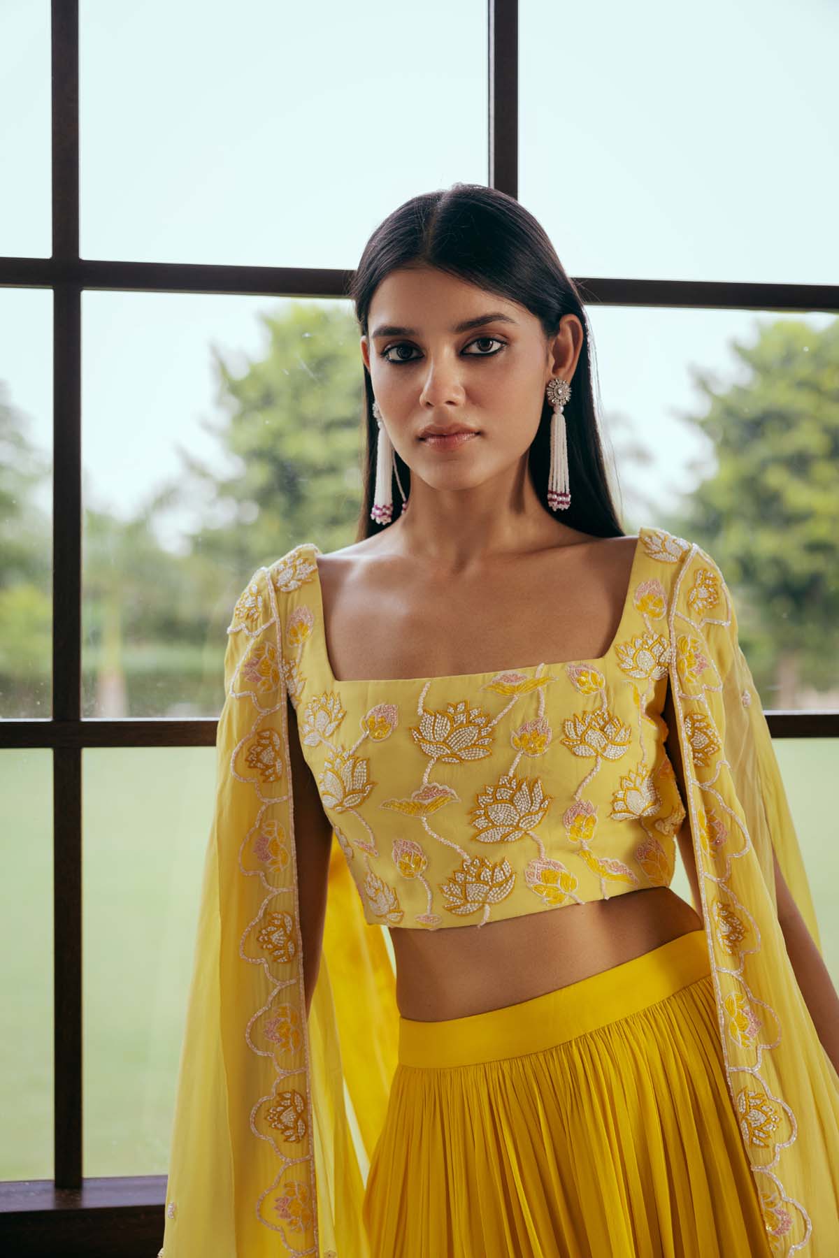 Yellow Embroidered Cape Set in Georgette