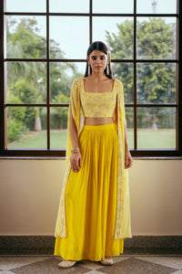 Yellow Embroidered Cape Set in Georgette