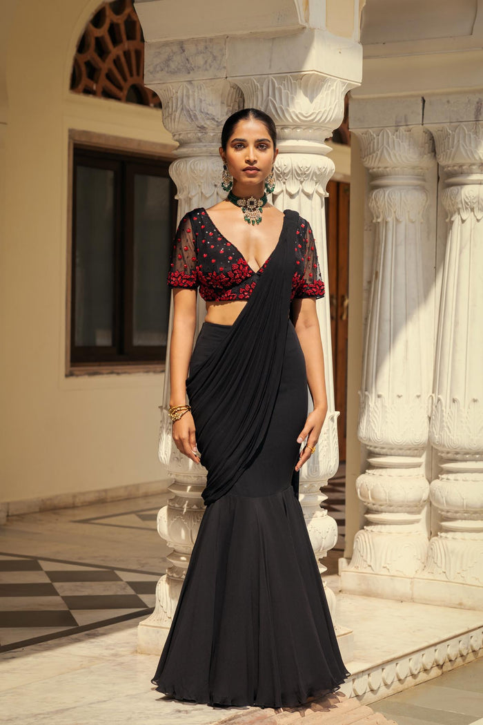 Black Georgette Mermaid-fit Draped Saree Set