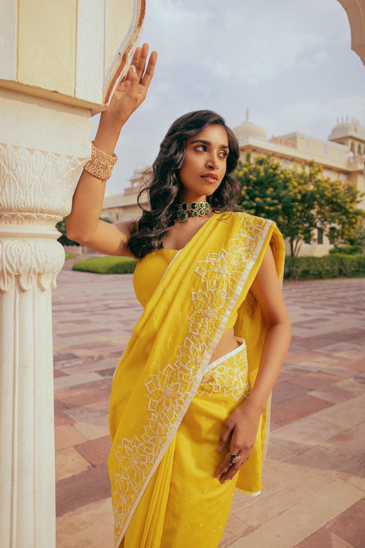 Yellow Silk Chanderi Sequins Embroidered Saree Set