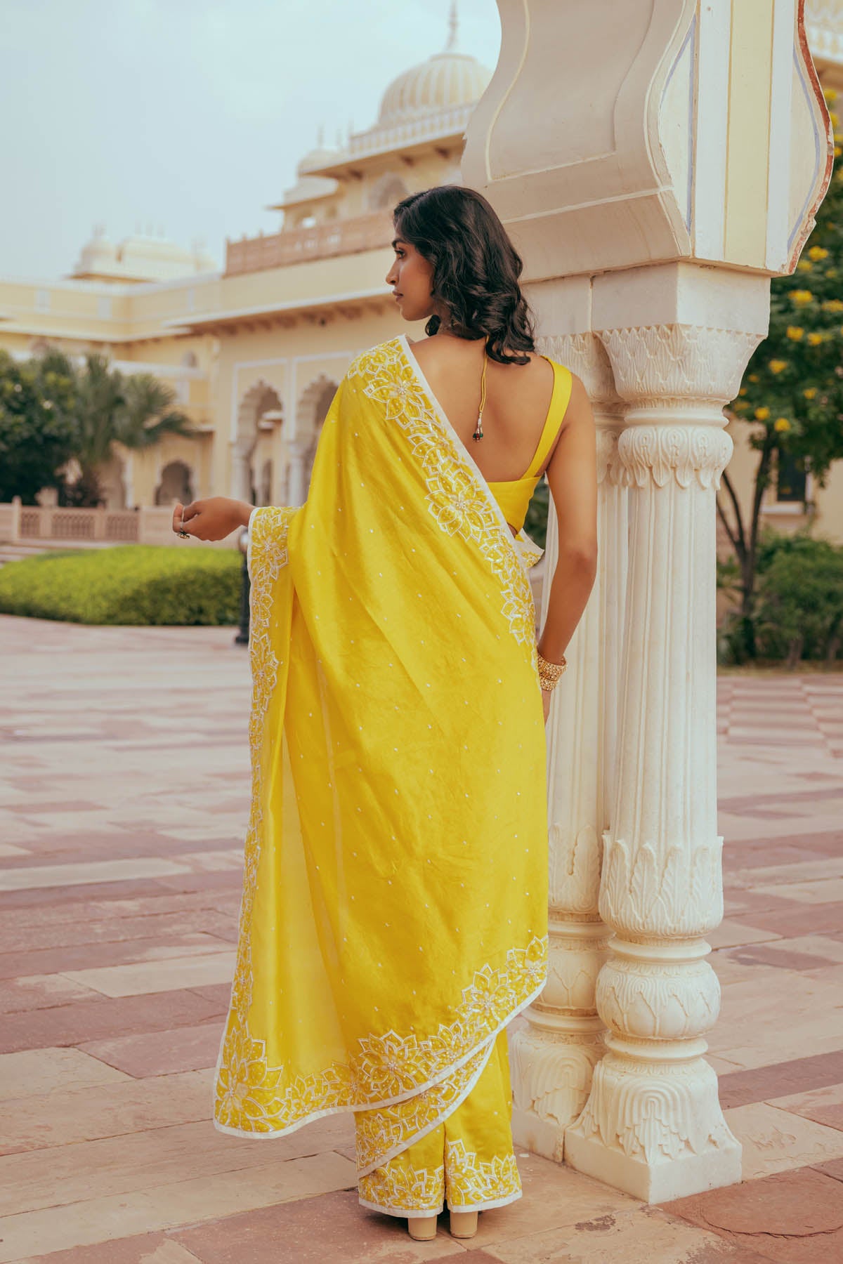 Yellow Silk Chanderi Sequins Embroidered Saree Set