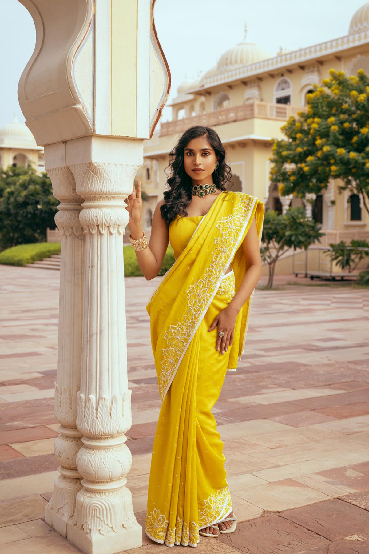 Yellow Silk Chanderi Sequins Embroidered Saree Set