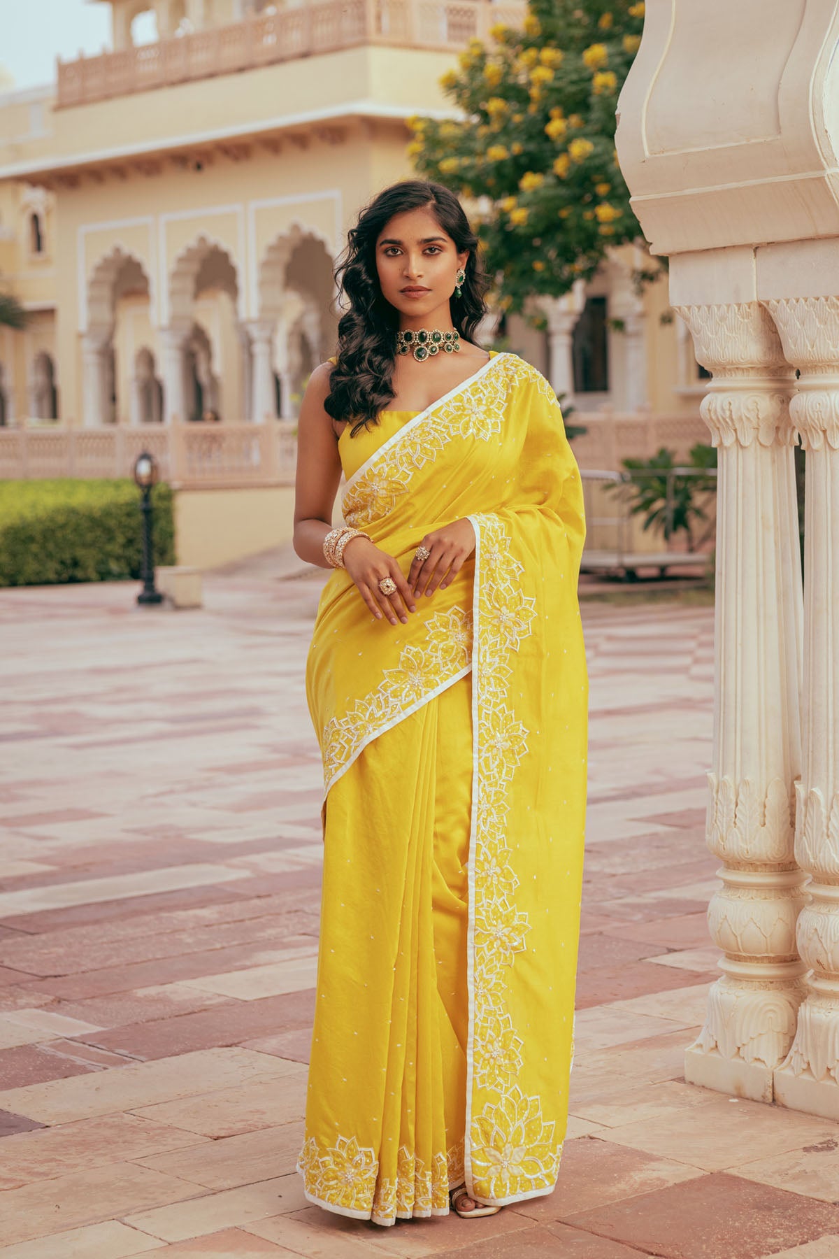 Yellow Silk Chanderi Sequins Embroidered Saree Set