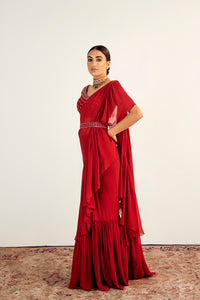 Red Georgette Pre-Stitched Draped Saree Set